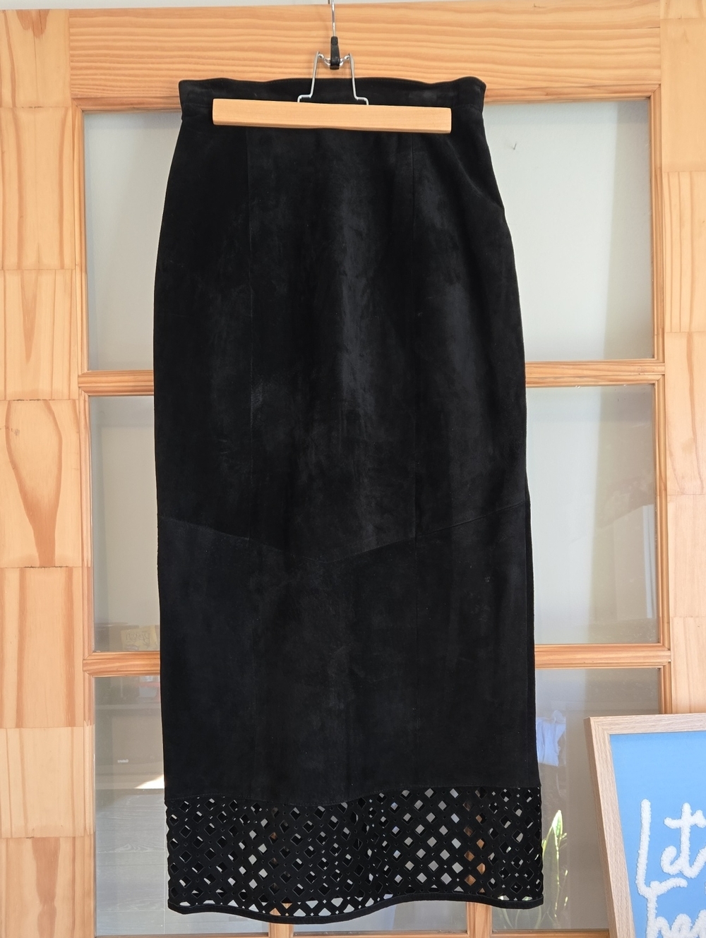 Danier Black Suede Midi Skirt with Laser-Cut Hem Panel Size 10